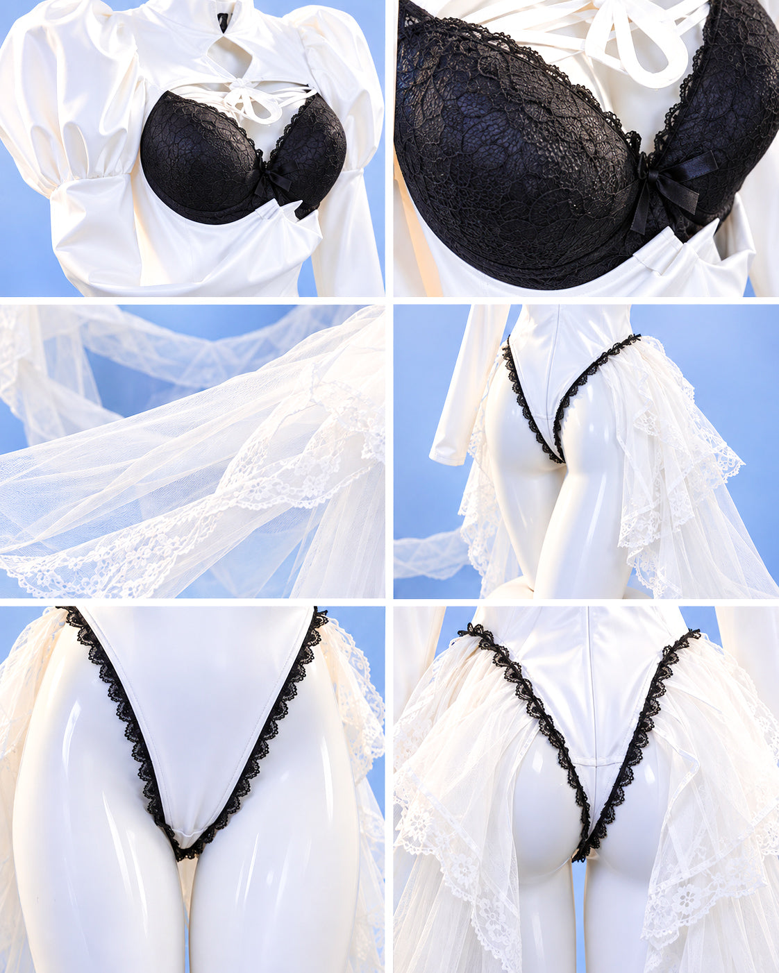 Close-up collage of the 2B Rest Time costume showing black lace cups, white bodysuit and layered lace train
