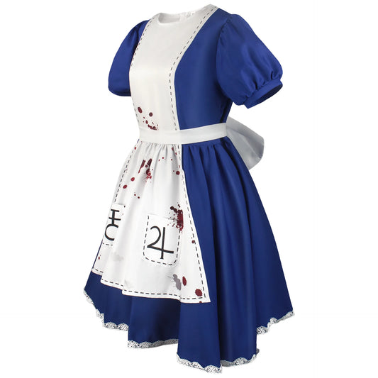Alice Madness Returns Dark alice in Wonderland Cosplay & wig – Blue and white dress with bloodstains and number 24 on a white background