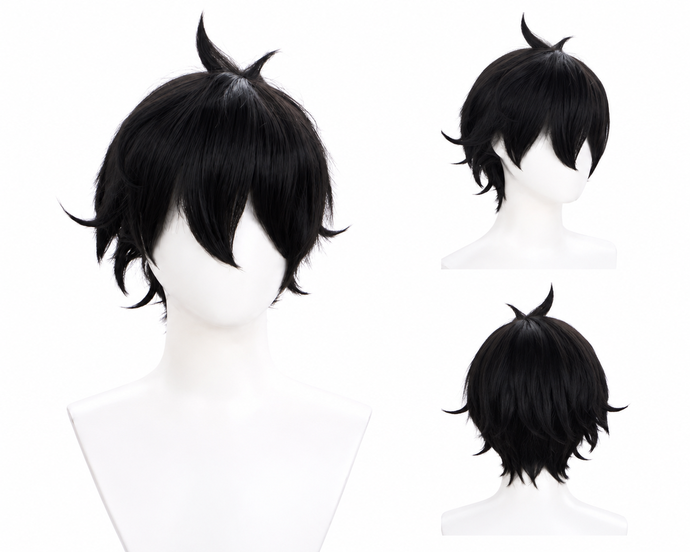 Black short anime-style wig with a spiky top, shown on a white mannequin head from front, side, and back angles against a white background.