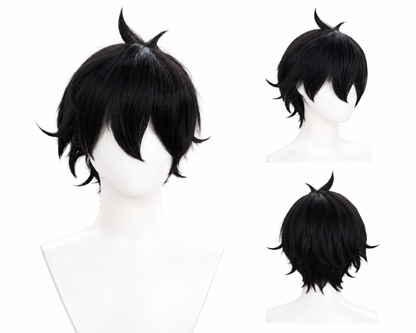 Black short anime-style wig with a spiky top, shown on a white mannequin head from front, side, and back angles against a white background.
