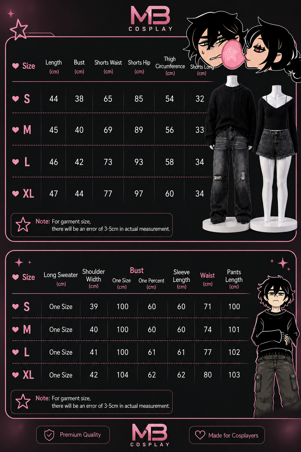 A size chart and measurement guide for MB Cosplay apparel, featuring a size table with lengths, bust, shorts width, hip circumference, sleeve length, and pants length for S through XL. The graphic includes mannequins wearing black outfits, anime-style character illustrations, and pink decorative accents on a dark background.