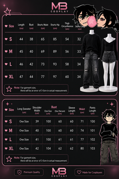 A size chart and measurement guide for MB Cosplay apparel, featuring a size table with lengths, bust, shorts width, hip circumference, sleeve length, and pants length for S through XL. The graphic includes mannequins wearing black outfits, anime-style character illustrations, and pink decorative accents on a dark background.