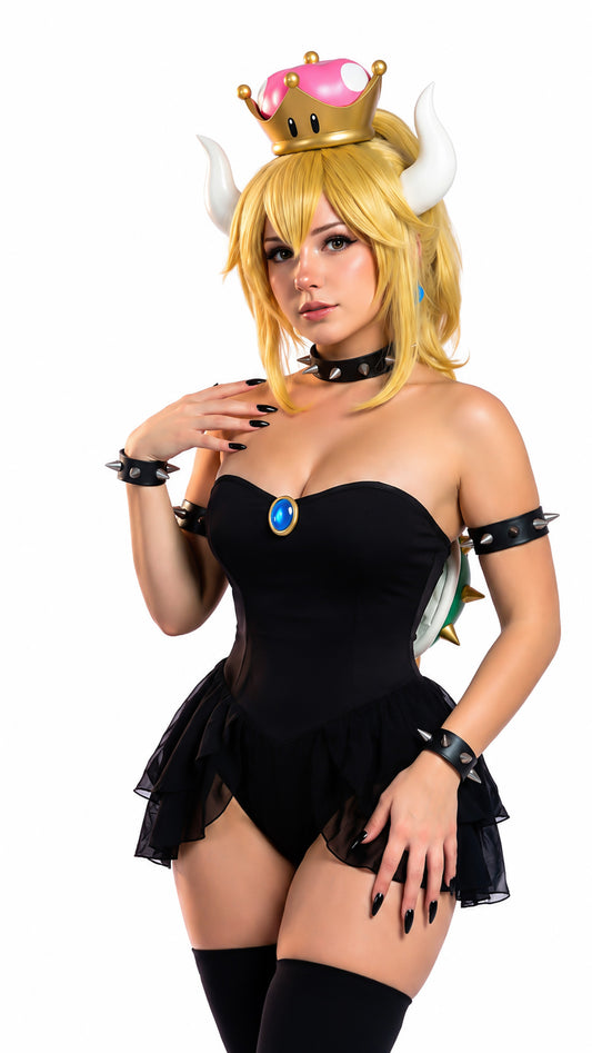 A woman modeling a black strapless costume bodysuit with a ruffled mini skirt, black choker, black spiked arm cuffs, and a matching black thigh-high stocking. She is also wearing a blonde wig with white horns, a gold crown, and a pink mushroom headpiece against a plain white background.