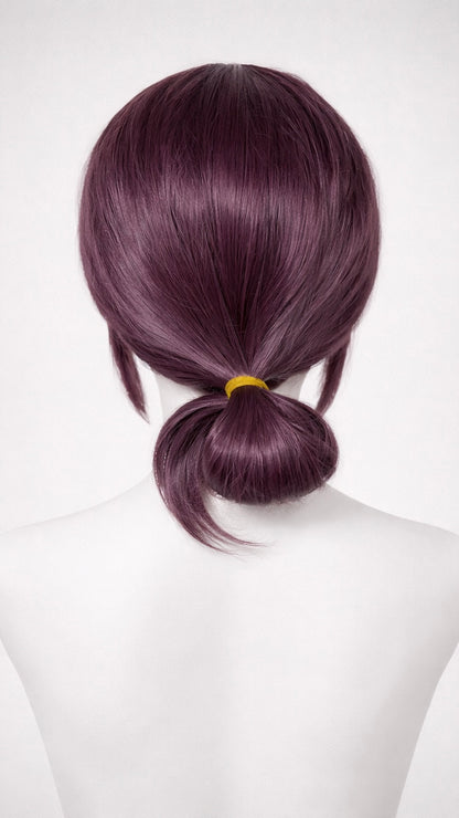 Purple wig styled in a ponytail on a mannequin head against a white background