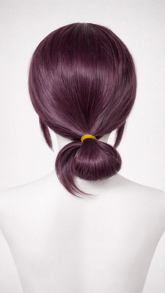 Purple wig styled in a ponytail on a mannequin head against a white background