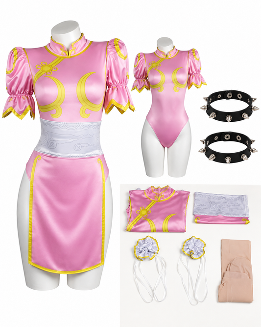 Pink and yellow costume set displayed on white mannequins and laid out flat, including a short dress, bodysuit, matching top, skirt panel, black spiked choker, white wrist cuffs, and beige leggings.