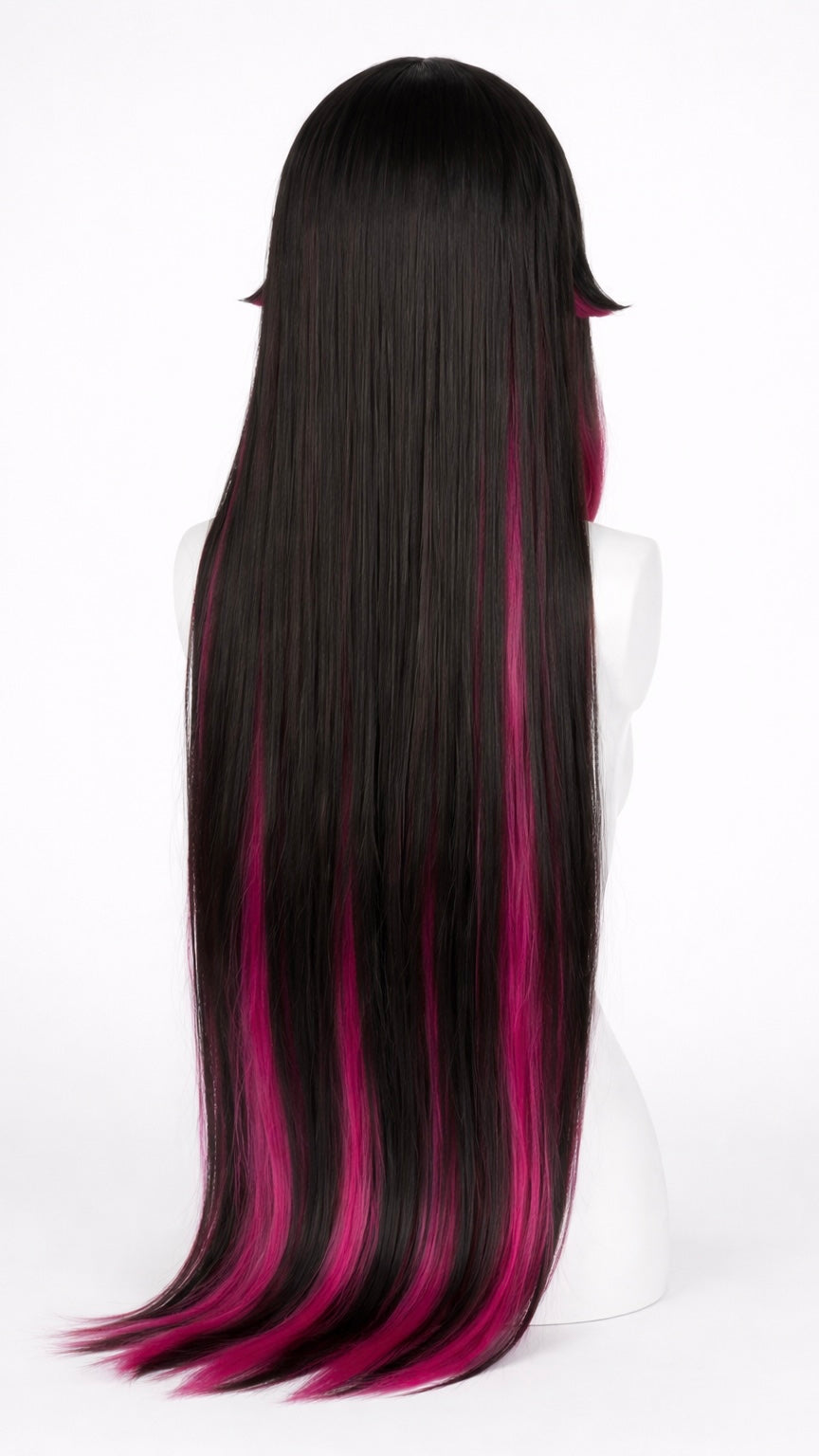 Long black and pink wig on a mannequin head against a white background