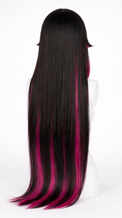 Long black and pink wig on a mannequin head against a white background