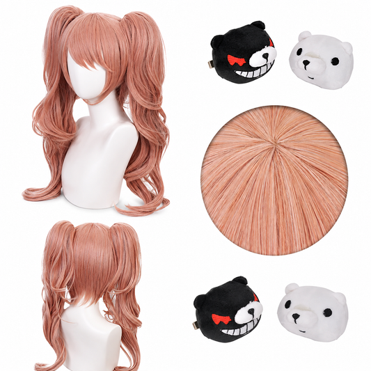 A long wavy pink wig with double pigtails displayed on a white mannequin head, shown from front and back angles. The image also includes a circular close-up of the wig fibers and two plush character accessories: a black bear face with a red bow tie and a white bear face.