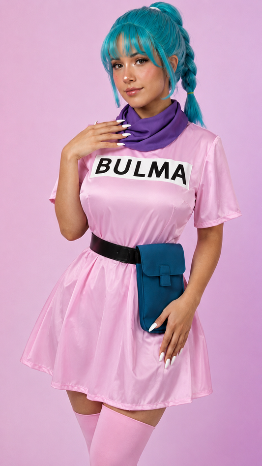 A woman modeling a pink short-sleeve dress costume with a purple neck scarf, black belt, blue pouch, and pink thigh-high socks against a solid pink background.
