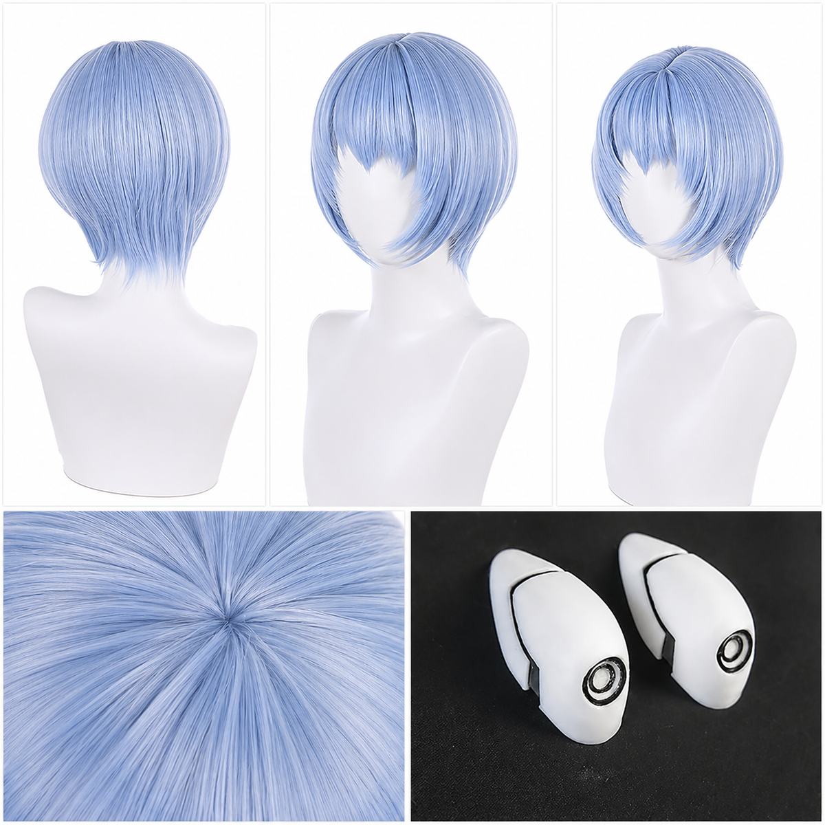 A light blue short bob wig shown on white mannequin heads from the back and side, with a close-up of the hair texture and two matching white hair accessories on a black background.