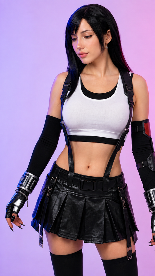 A woman modeling a cyberpunk-style costume consisting of a white crop top with black trim, a black faux-leather mini skirt, black suspenders, black fingerless gloves, and black thigh-high socks, set against a purple gradient background.