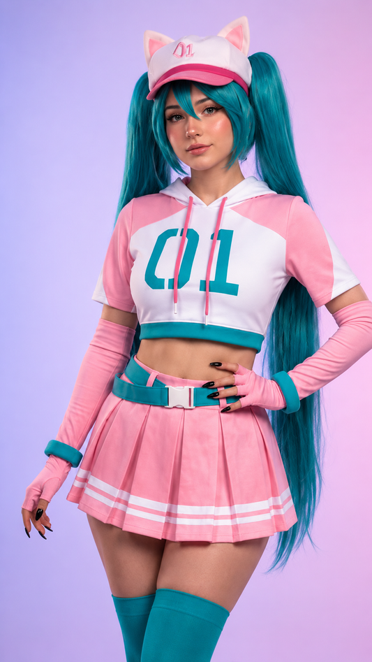 A model wearing a pink and white anime-style cheerleader costume with teal hair, a matching visor, long sleeves, a pleated skirt, and thigh-high socks, posed against a purple gradient background.