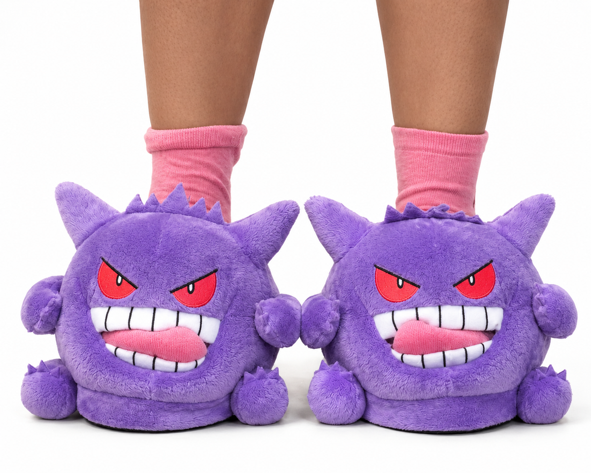 Purple Gengar Pokémon plush slippers with red eyes, toothy grin and soft 3D character details for cosplay and loungewear.