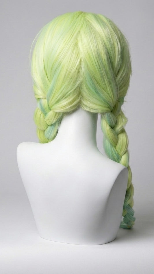 Green braided wig on a mannequin head against a gray background