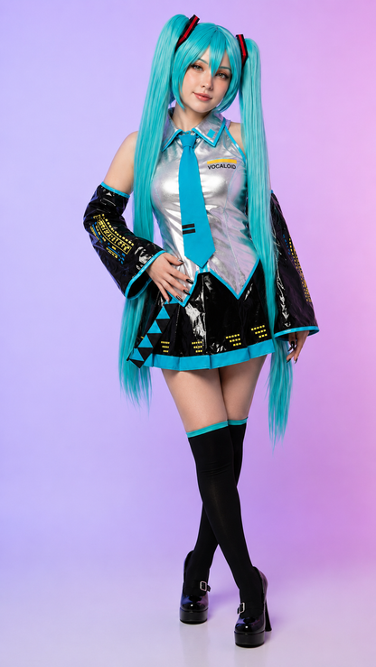 Portrait of Hatsune Miku cosplay costume and long turquoise twin-tail wig inspired by Vocaloid for anime cosplay events and photoshoots.
