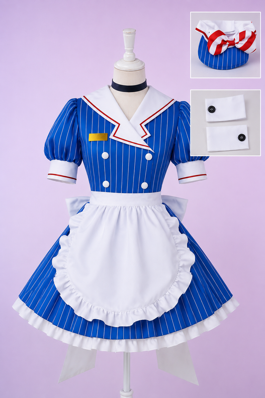 A blue and white pinstriped maid outfit displayed on a mannequin against a light lavender background, with two inset detail images showing a matching blue-and-white striped hat with a red bow and close-ups of white cuff fabric with black buttons.