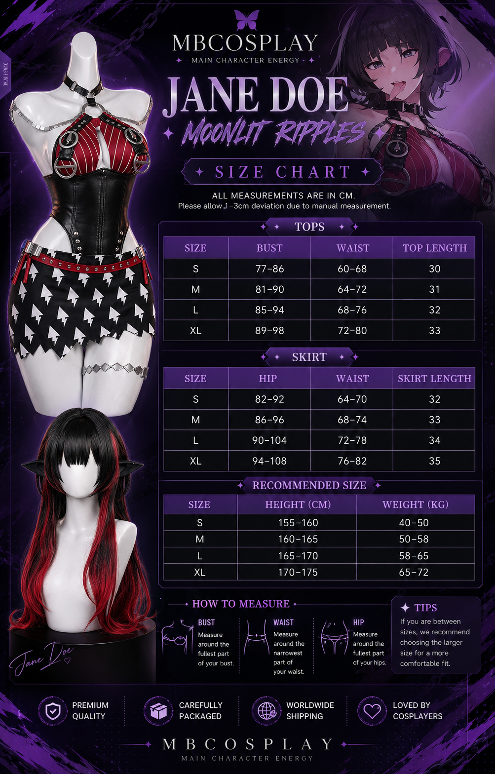 A size chart and measurement guide for the MBCOSPLAY Jane Doe 'Moonlit Ripples cosplay' costume, featuring mannequins displaying the black, red, and white outfit, a model with the costume and wig, and a detailed size table on a dark purple background.
