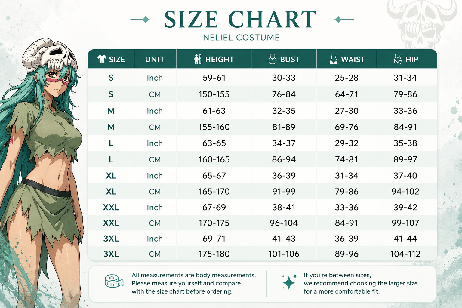 Size chart for Neliel costume with character illustration