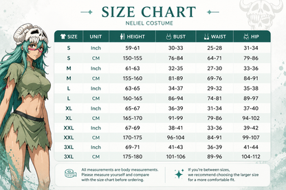 Size chart for Neliel costume with character illustration