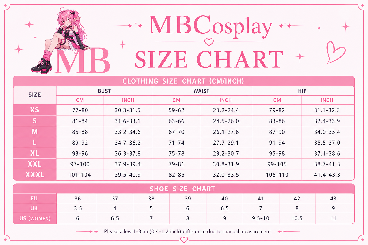 A pink and white MBCosplay size chart graphic featuring a clothing size table with bust, waist, and hip measurements in centimeters and inches, plus a shoe size chart. The design includes the text 'MBCosplay MB CLOTHING SIZE CHART' and a small illustrated character in the top left corner.