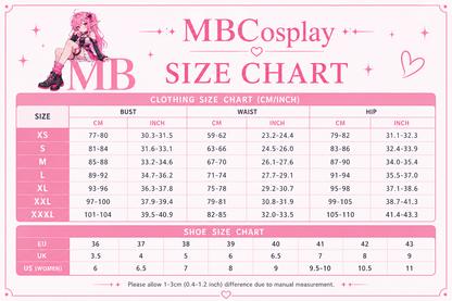 A pink and white MBCosplay size chart graphic featuring a clothing size table with bust, waist, and hip measurements in centimeters and inches, plus a shoe size chart. The design includes the text 'MBCosplay MB CLOTHING SIZE CHART' and a small illustrated character in the top left corner.