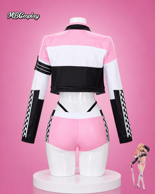 Cosplay costume on a mannequin against a pink background with MB Cosplay branding.