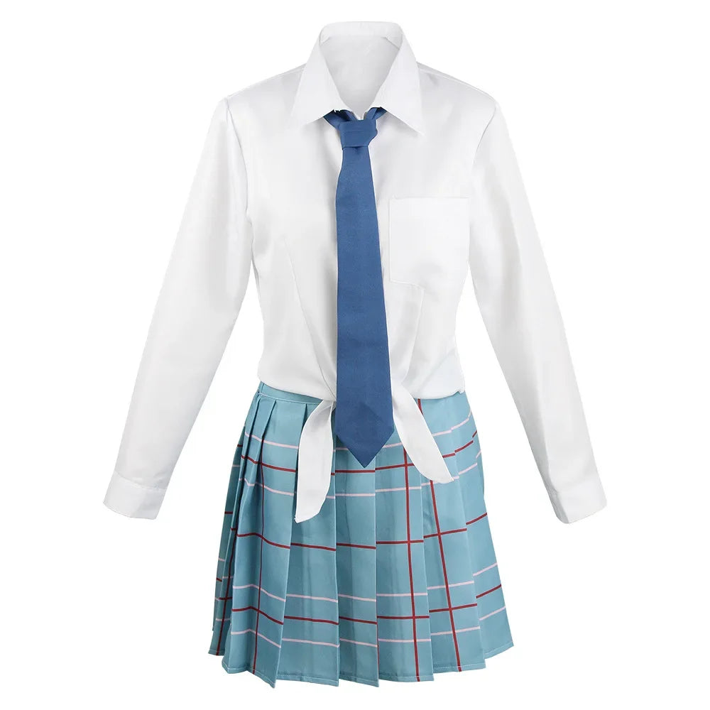 White shirt with blue tie and plaid skirt on a white background