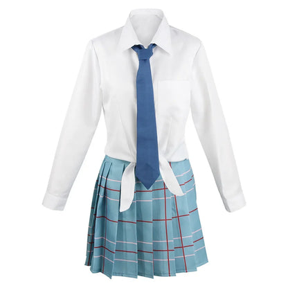 White shirt with blue tie and plaid skirt on a white background