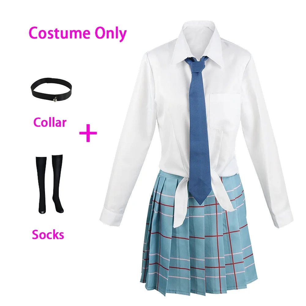 School uniform with white shirt, blue tie, and plaid skirt on a white background