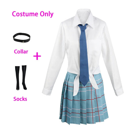 School uniform with white shirt, blue tie, and plaid skirt on a white background