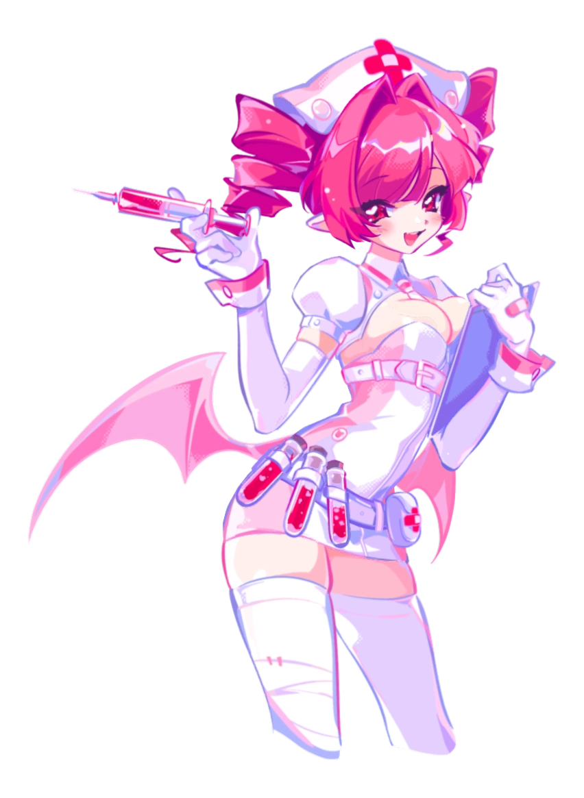 Animated character with pink hair and futuristic outfit holding a weapon on a white background