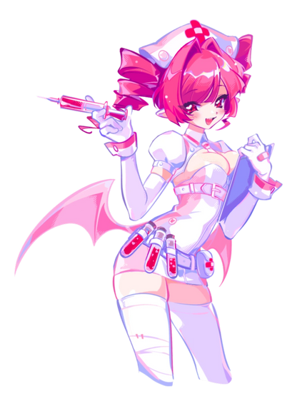 Animated character with pink hair and futuristic outfit holding a weapon on a white background