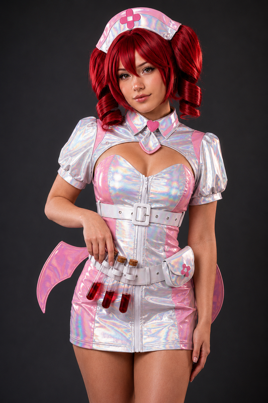 A model wearing a futuristic holographic nurse costume with pink accents, a matching nurse hat, and a wig with bright red hair, posed against a dark gray studio background.