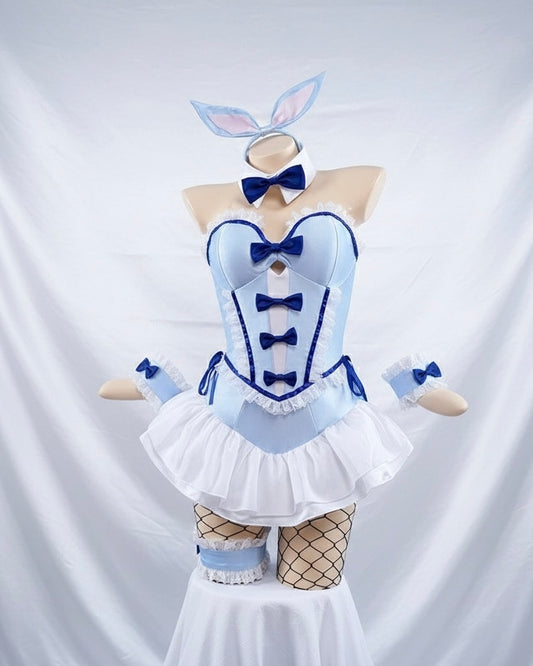 Bunny costume with blue accents on a mannequin against a white background