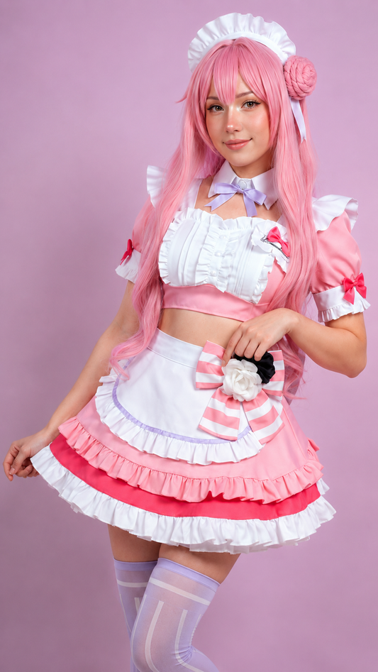 A woman modeling a pink and white maid cosplay outfit with a matching pink wig, standing against a solid light pink studio background.