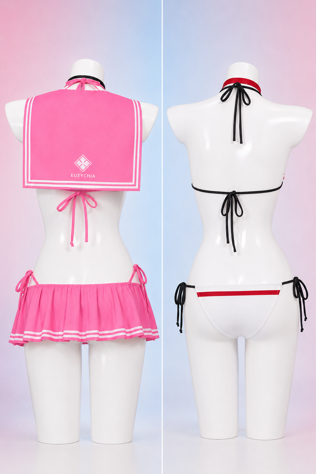 Goddess of Victory NIKKE Pepper and Neon summer swimsuit cosplay back view featuring anime-inspired bikini costumes, sailor-style accessories and detailed rear design.