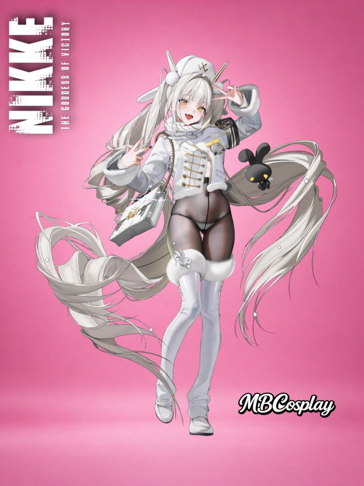 Animated character with long white hair and a black hat on a pink background, with 'MBCosplay' branding.