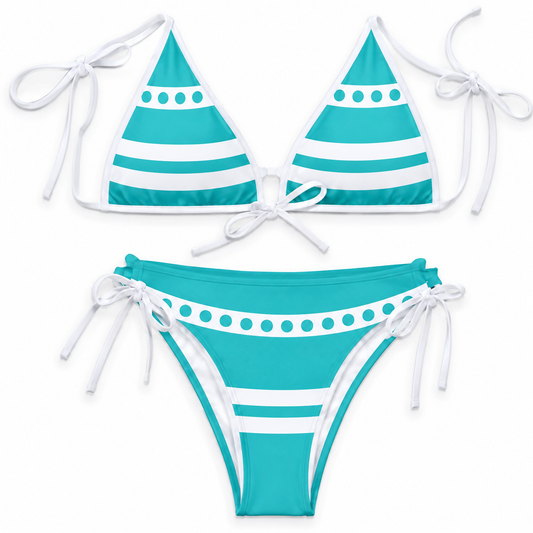 A two-piece string bikini set in turquoise and white, featuring horizontal stripes and circular dot patterns on the cups and front of the bottoms, displayed on a solid white background.