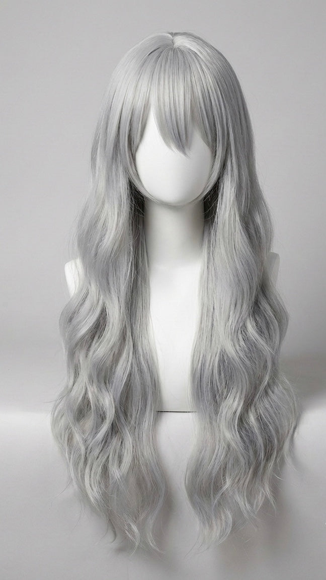 Silver wig on a mannequin head against a plain background