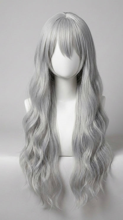 Silver wig on a mannequin head against a plain background