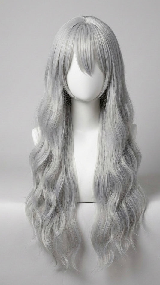 Silver wig on a mannequin head against a plain background