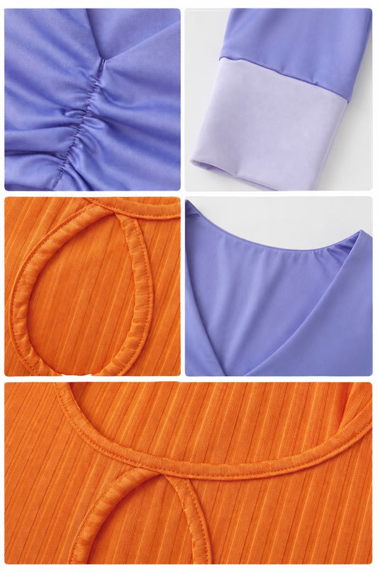 A five-panel close-up collage showing details of a two-tone garment, featuring lavender purple and bright orange fabric with ruching, a cuff detail, a curved neckline, and a ribbed underbust band.