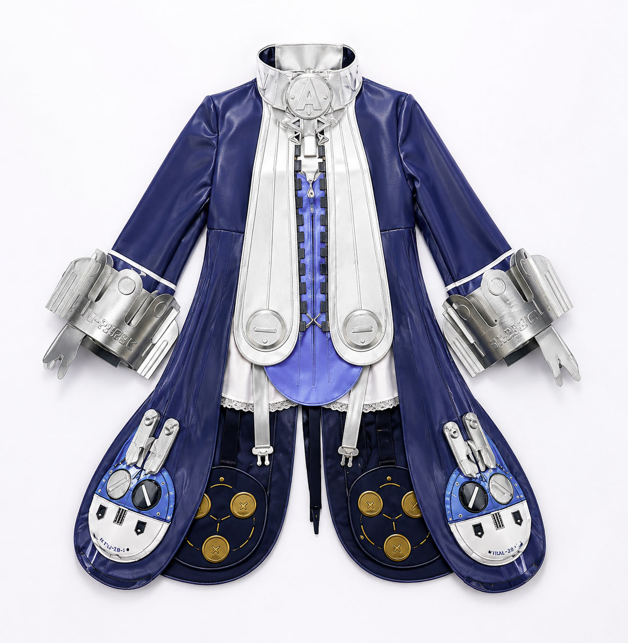A highly detailed, futuristic costume jacket with a glossy navy blue base, metallic silver pleated front panel, silver cuffs, and gold coin accents on the lower panels, displayed against a plain white background.