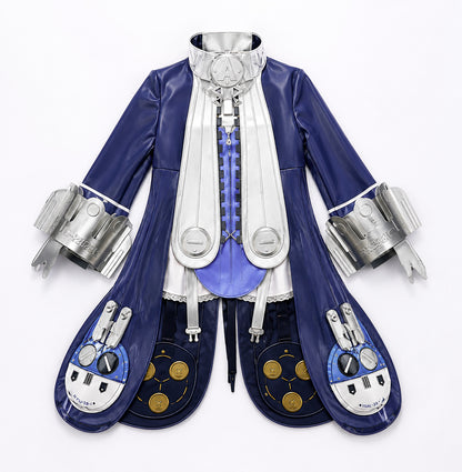 A highly detailed, futuristic costume jacket with a glossy navy blue base, metallic silver pleated front panel, silver cuffs, and gold coin accents on the lower panels, displayed against a plain white background.