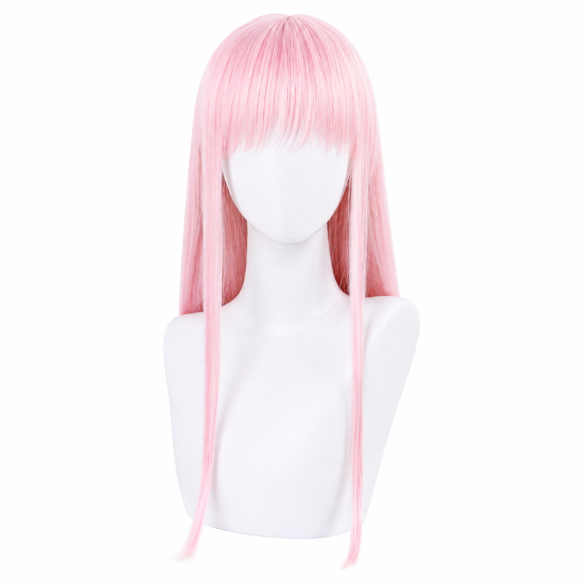 A long, straight pink wig with bangs displayed on a white mannequin head and shoulders against a plain white background.
