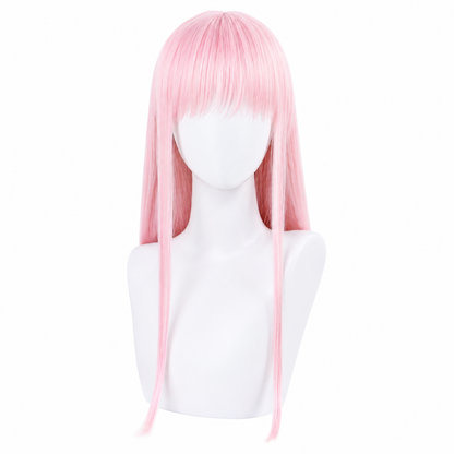 A long, straight pink wig with bangs displayed on a white mannequin head and shoulders against a plain white background.