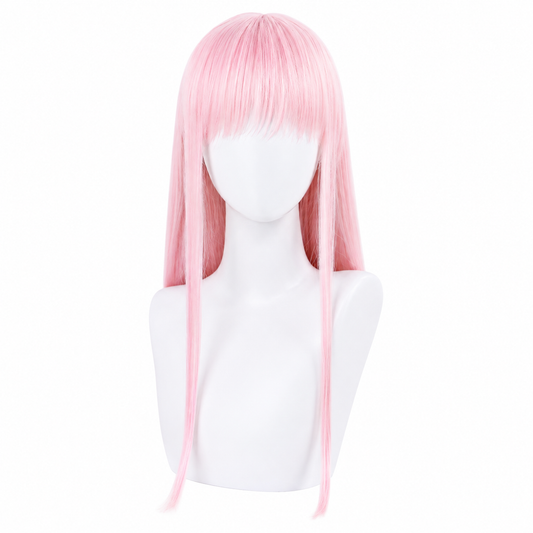 A long, straight pink wig with bangs displayed on a white mannequin head and shoulders against a plain white background.