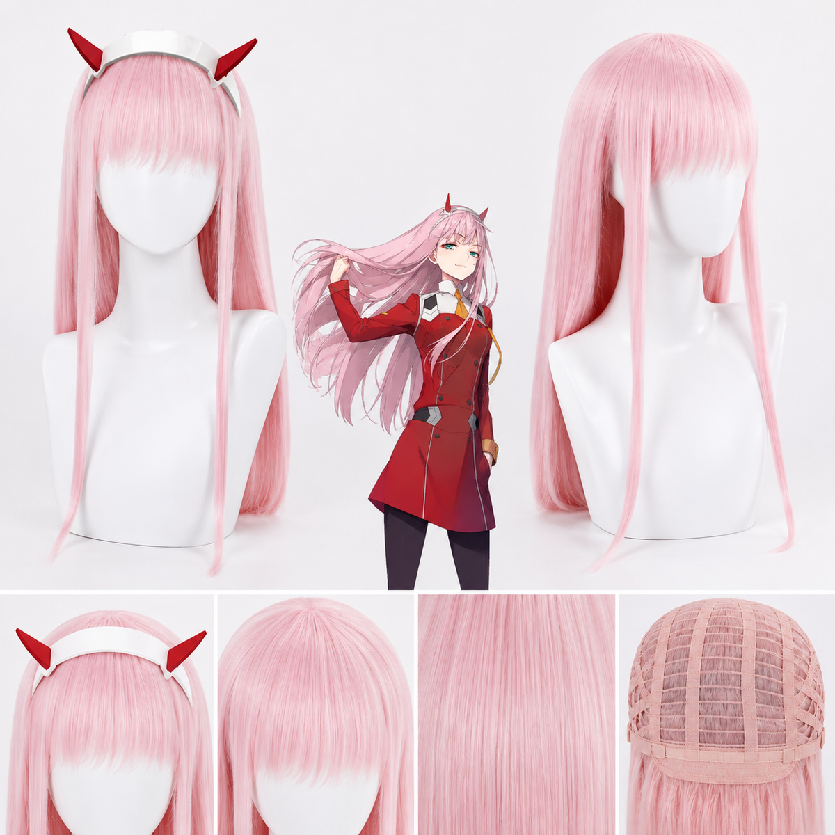 Pink anime cosplay wig with long straight hair, bangs, and small red devil horns, shown on mannequin heads and a central mannequin figure, with close-up detail panels at the bottom.