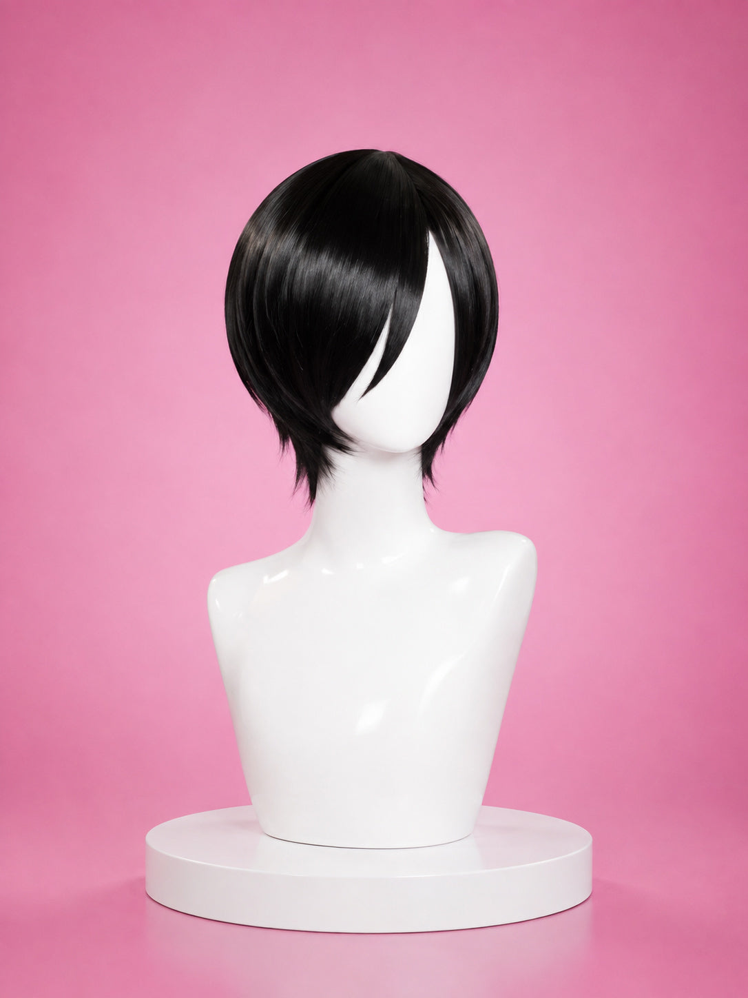 Ada Wong short black character wig displayed on white mannequin bust for Resident Evil cosplay.